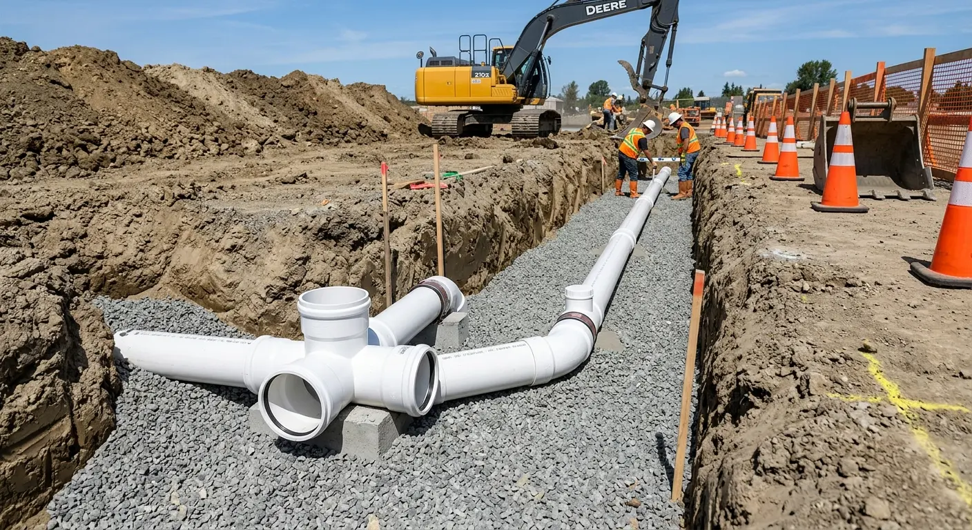 New PVC sewer pipe installation in open trench for Commercial Drain Cleaning in Tell City