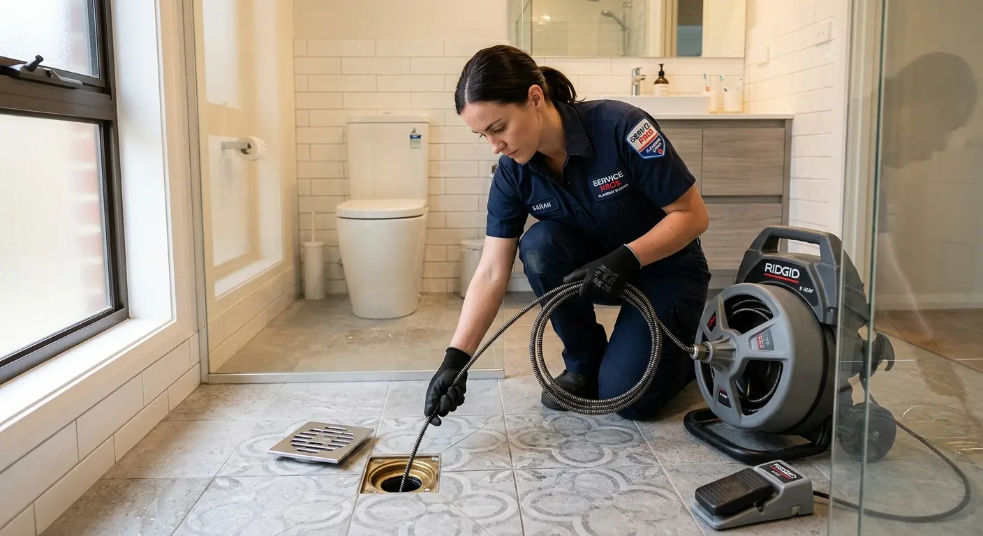 Technician clearing a bathroom floor drain for Sewer Line Replacement in Tell City